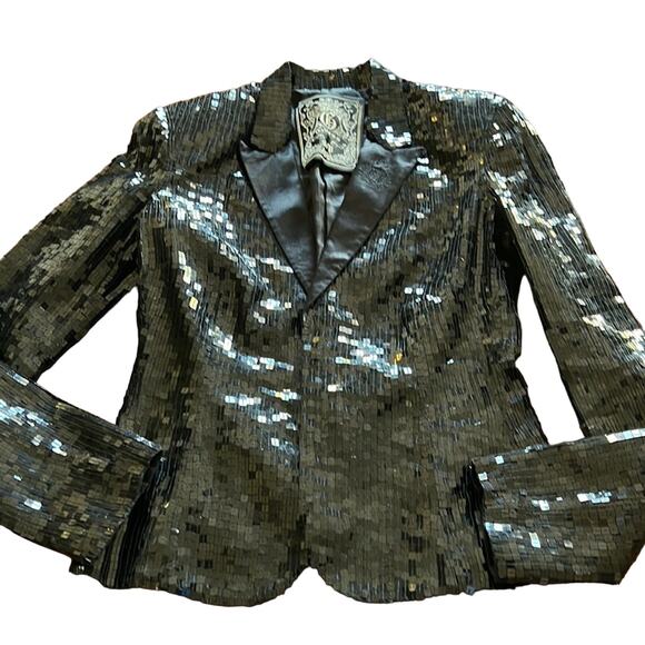 Guess Black Sequin Blazer Jacket Woman Size Small Satin Lined Special Occasion - Picture 1 of 12